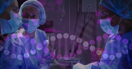 Animation of data processing and dna strand over diverse surgeons in operating room - Powered by Adobe