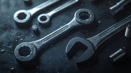 Fototapeta premium A close-up of wrenches, bolts, and nuts against a dark background. There's room for writing or a logo.