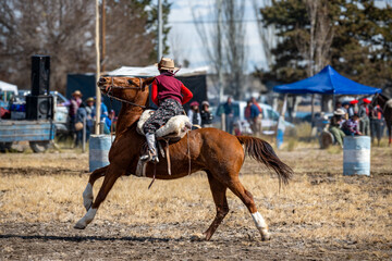 San Rafael, Argentina, September 8, 2024; Gaucho on horseback in Creole skills games.