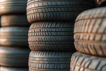 Obraz premium Stack of Old Worn-Out Tires at a Recycling Center, Sustainable Waste Management and Tire Disposal