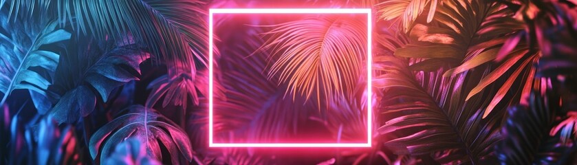 Neon Pink Frame Surrounded by Tropical Foliage