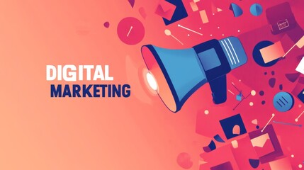 Geometric illustration of digital marketing with prominent text and vibrant colors