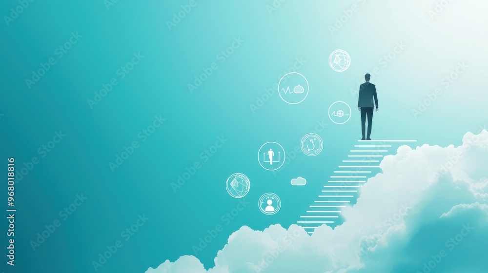 Aufkleber steps to vision: a figure climbing an invisible staircase in the sky, each step materializing as the