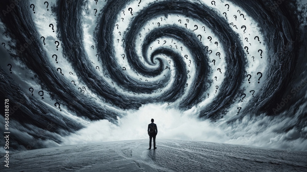 Poster storm of choices: a person standing in the middle of a storm made of swirling question marks and dec