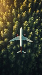 Fototapeta premium aerial view of airplane flying over forest, natural landscape concept
