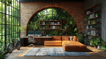 Modern living room with a large, arched window and a lush green wall.