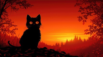 A mysterious black cat silhouette against a vibrant sunset in a serene forest landscape, perfect for feline lovers and art enthusiasts. Halloween Background