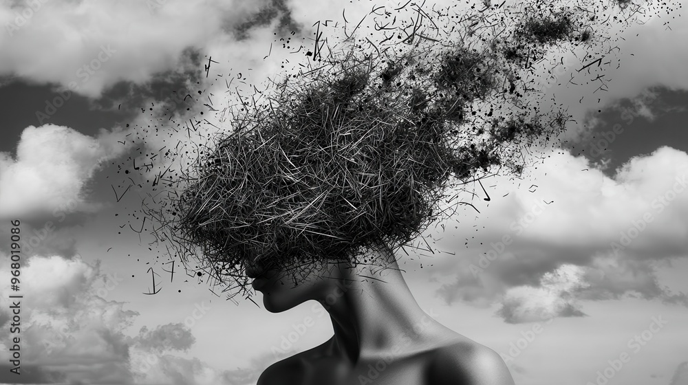 Poster stress of overthinking: a person with their head exploding into fragments of tangled lines and dark 