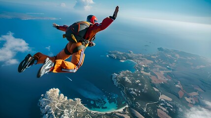 Skydiver freefalling over stunning coastal landscape