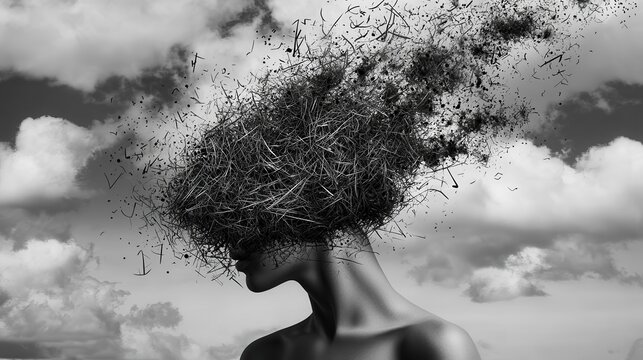Stress of Overthinking: A person with their head exploding into fragments of tangled lines and dark clouds, representing unnecessary stress caused by overthinking