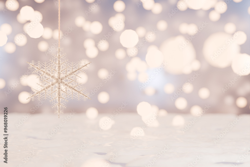Poster a delicate snowflake ornament hangs against a soft, blurred background of shimmering lights, winter 