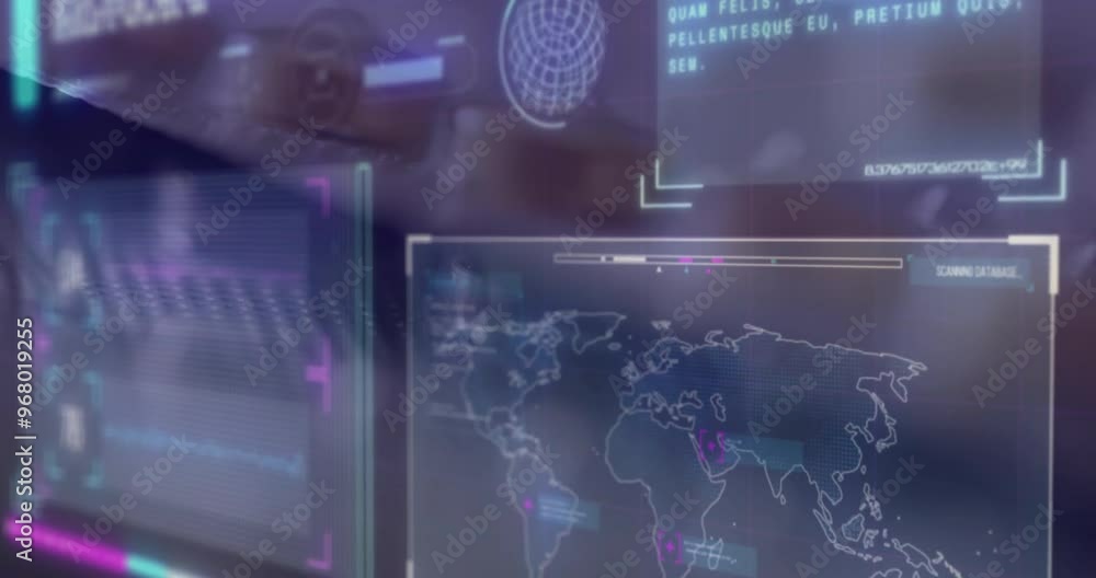 Poster animation of data processing and world map over pills
