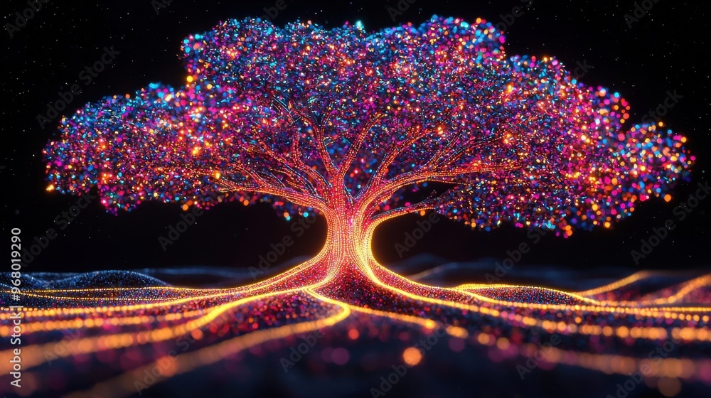 Poster sum of small efforts: a mosaic of tiny glowing shapes forming a large, vibrant tree of success, each