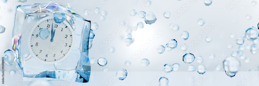 Poster a frozen clock encased in ice, surrounded by bubbles, symbolizing the passage of time. 3d rendering