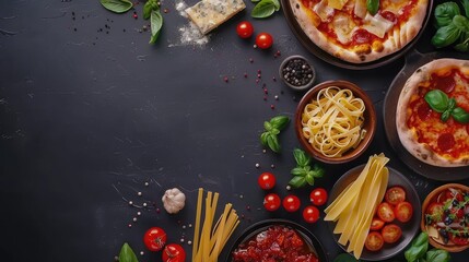 Italian cuisine on dark backdrop with pasta and pizza from above, room for text.