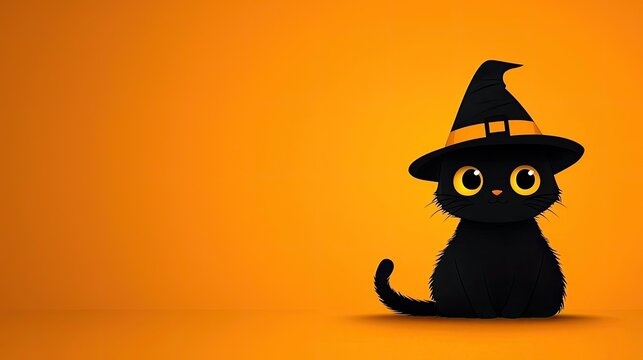 Adorable black cat wearing a witch hat against a vibrant orange background, perfect for Halloween-themed content and designs. Halloween Background
