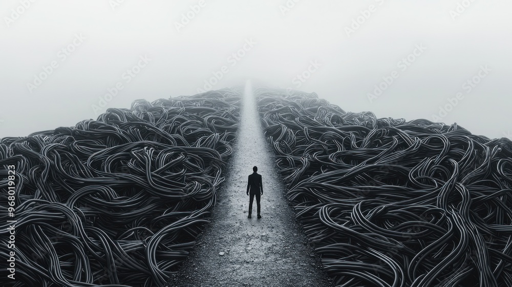 Poster tangled path: a long, winding path filled with knots and tangles, representing the complicated and d