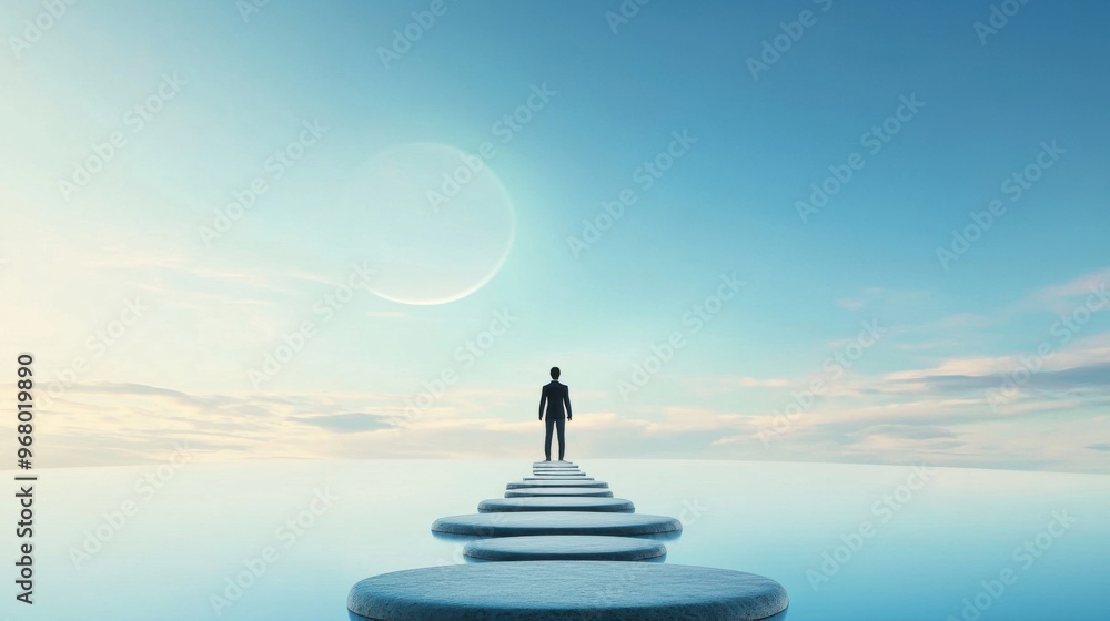 Poster target in the horizon: a distant target floating in the sky, connected to the ground by a series of 