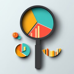 Magnifying glass with colorful data analysis icons in paper cut design on a gray background