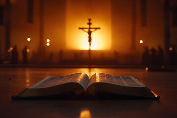 Sunlight Illuminating Open Bible with Jesus Cross in the Background, Spiritual Reflection and Faith