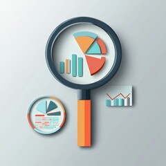Magnifying glass revealing data analysis icons in paper cut style on a gray background