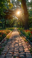 Fototapeta premium Sunlight shining through trees and flowers on a brick pathway