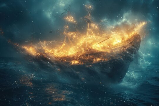 A ship is on fire in the ocean