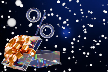 Holiday glass gift box with a bow and percentage sign. 3d rendering