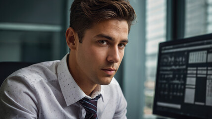 Fototapeta premium Businessman sitting at desk in office and looking away.
