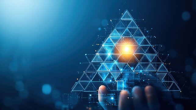 Team Pyramid of Learning: A pyramid with each level composed of different team members contributing blocks of abstract knowledge and ideas, building toward a glowing peak of intelligence