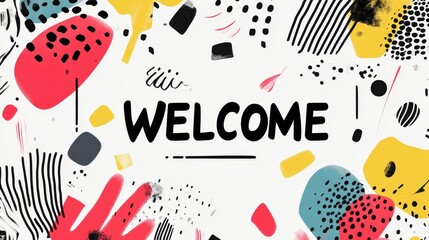 Modern minimalistic illustration with WELCOME in bold letters and vibrant abstract patterns