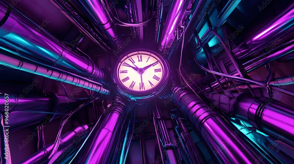 Poster A clock face is surrounded by neon purple pipes in a futuristic setting.