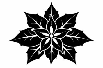 Poinsettia Flower Silhouette Vector, Christmas Flower with Leaf Black Silhouette.