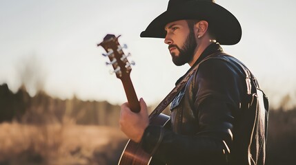 A young man in a cowboy hat and leather jacket stands in a field, holding an acoustic guitar.