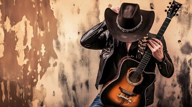 A country musician with a guitar and a cowboy hat. - Powered by Adobe