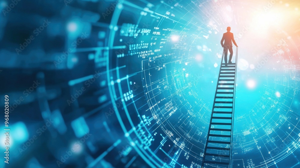 Poster the endless ladder of growth: a figure climbing an infinite ladder suspended in a vast abstract spac