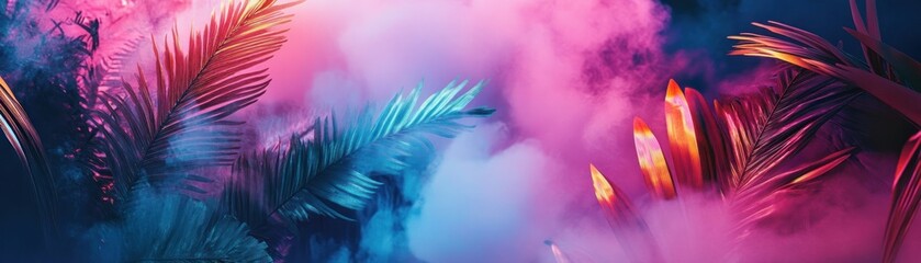 Obraz premium Tropical Palm Leaves Illuminated by Neon Lights and Smoke
