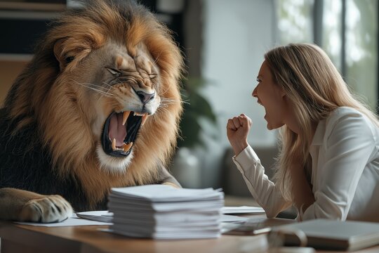 Businesswoman confronting a roaring lion in an office setting, symbolizing fierce negotiation, challenge, and determination