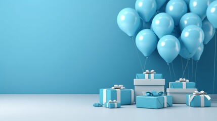 3d rendering of blue-themed birthday or valentine invitation card with balloons and blank paper for text, ideal for commercial use, featuring gifts on a background


