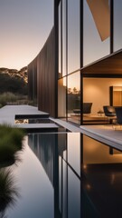 A modern residence with clean lines large glass windows and a reflective water feature set amidst a manicured landscape.