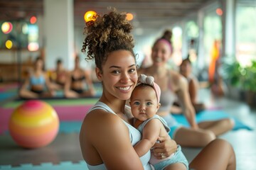 A dedicated mother enjoys a lively workout class, cradling her baby with a smile, surrounded by fellow fitness enthusiasts