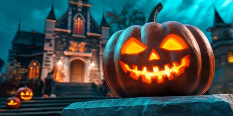 Obraz premium A carved pumpkin with a sinister grin illuminates the steps of a spooky mansion under a deep blue sky at dusk