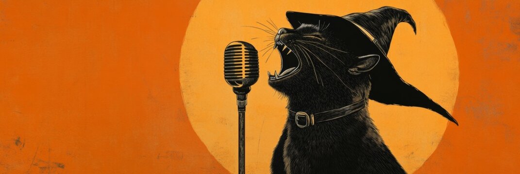 A vintage Halloween karaoke night featuring a singing black cat in a witch hat