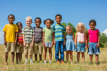 Diverse group of children standing together in a field, promoting unity and happiness in outdoor play, perfect for educational and community projects