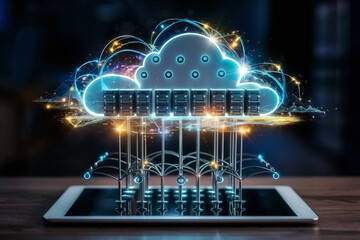 Fototapeta premium Cloud Computing Data Center concept of Digital cloud solutions on PCB futuristic background