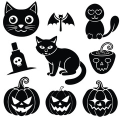 Set of Halloween clipart with black cats, carved pumpkins, and spiders
