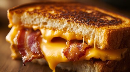 A close-up of a delicious grilled cheese sandwich with melted cheese and bacon