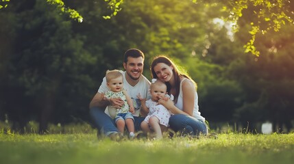 Fototapeta premium A young family with two toddlers poses happily in a park setting.