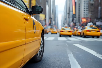 Fototapeta premium Close-Up of Taxi Car on a Busy Street, Urban Transportation and City Life