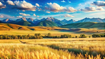 Expansive field with golden crops and distant mountains.